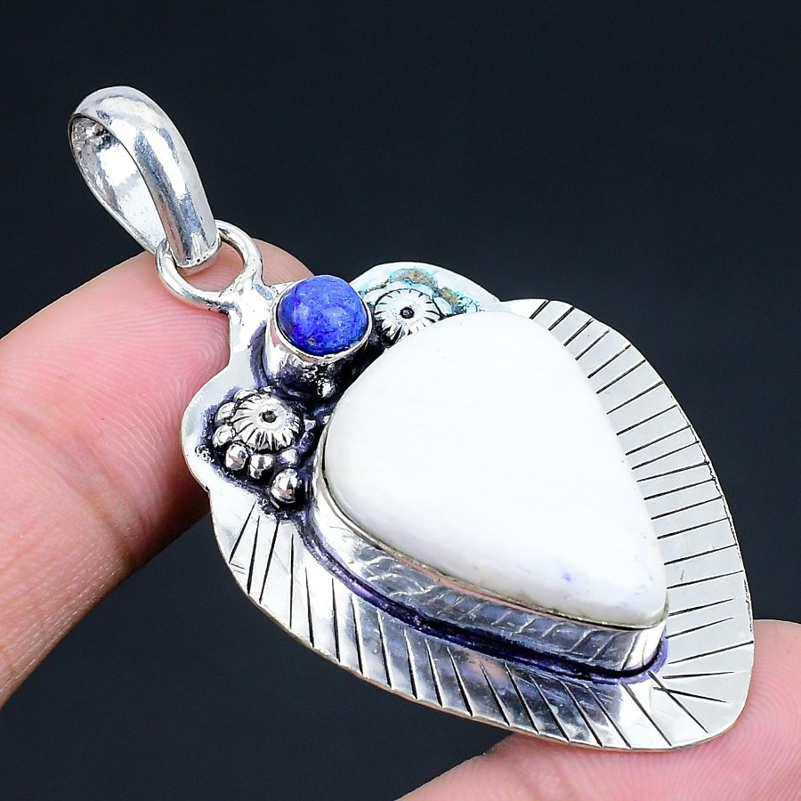 Mother Of Pearl, Lapis Lazuli Gemstone 925 Sterling Silver Pendant 2.27″ f835