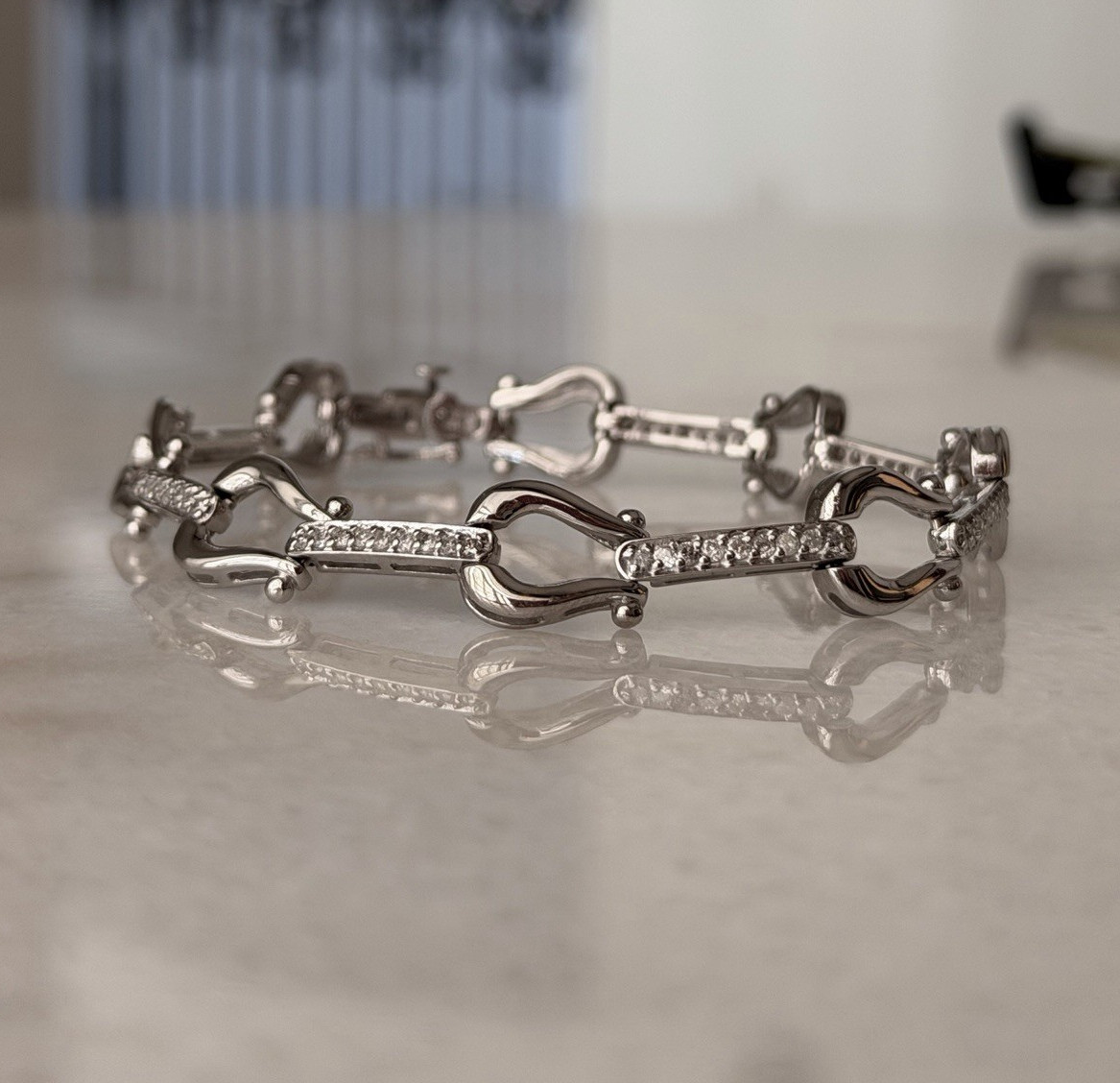 14K White Gold Link Chain Bracelet with Pavé Clear Crystals, Lobster Clasp 7 in