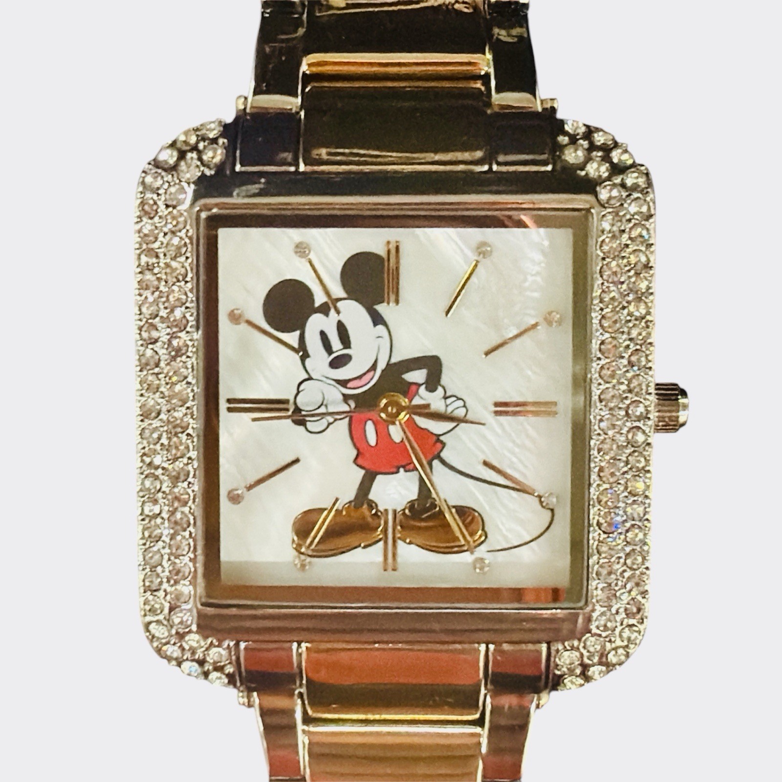 Disney Accutime Mickey Mouse Watch Two Tone Silver Gold Rhinestone Bezel Boxed