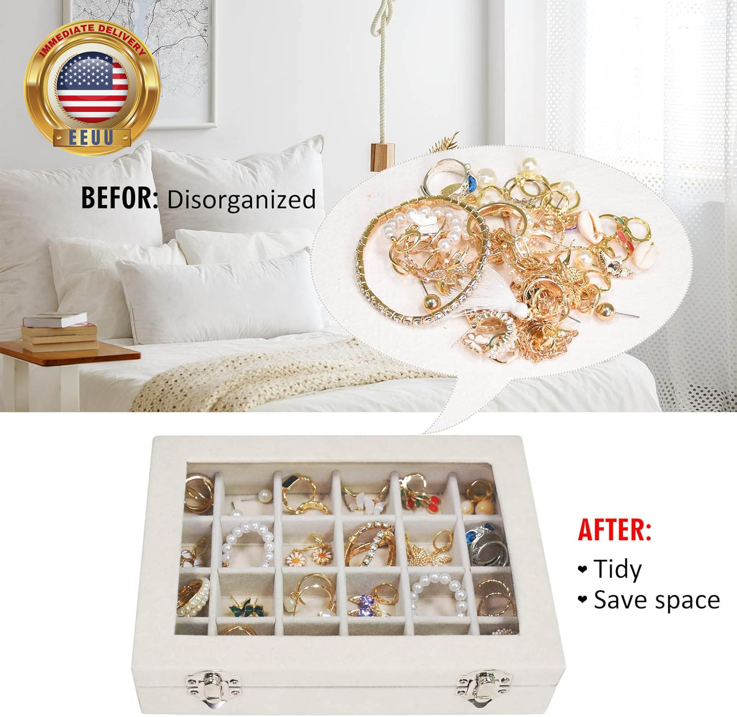 Velvet Jewelry Box 24 Grid Jewelry Ring Display Organiser Box Tray Holder Earrin