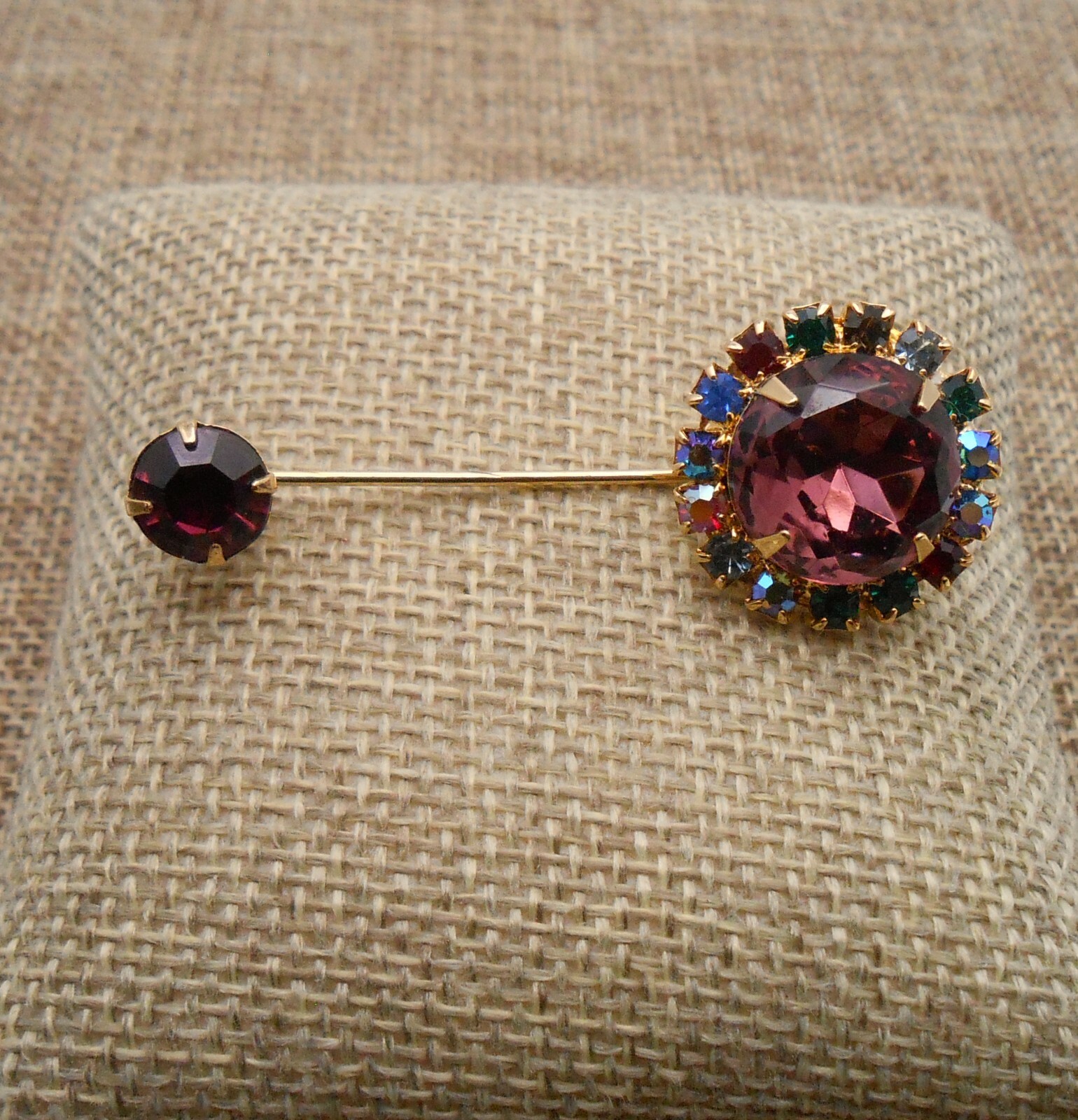 Vintage Amethyst Purple Glass & Multicolor Rhinestone Stickpin Gold-tone A705