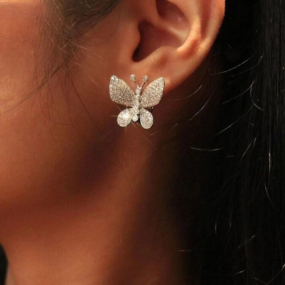 2Ct Lab Created Diamond Women’s Butterfly Stud Earrings 14k White Gold Plated