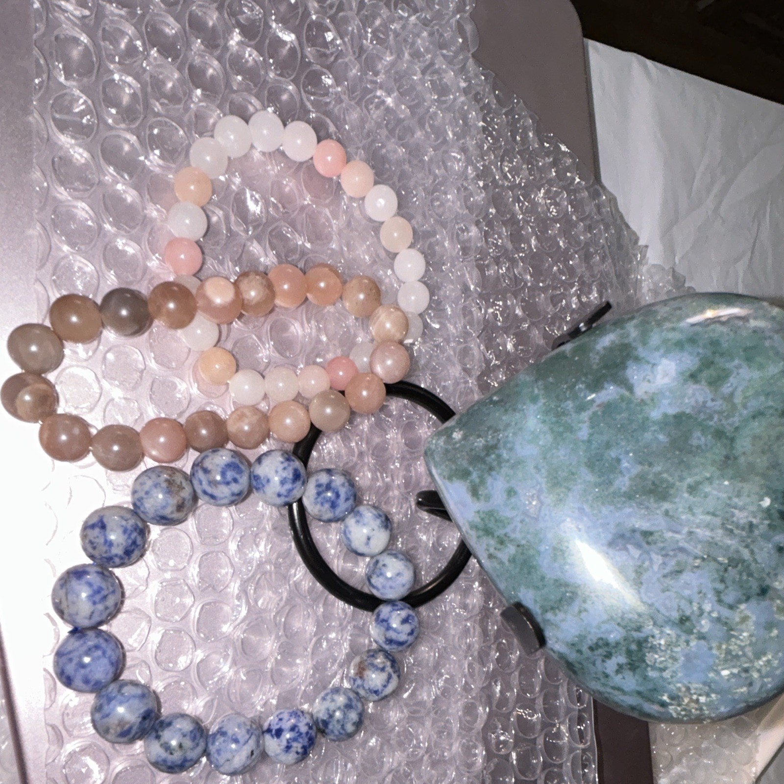 Large Moss Agate Heart with Gemstone Bracelet Set k