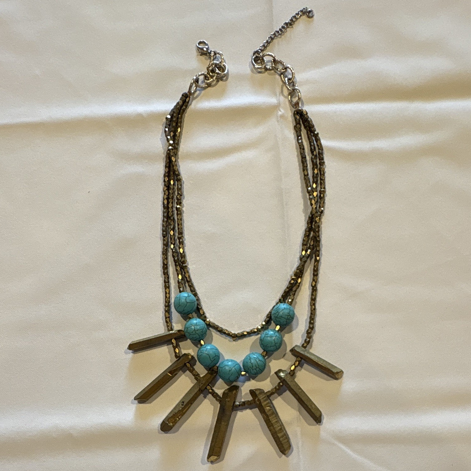 Blue Beaded Multi-Strand Bohemian Statement Necklace Gold-Tone Bar Charm
