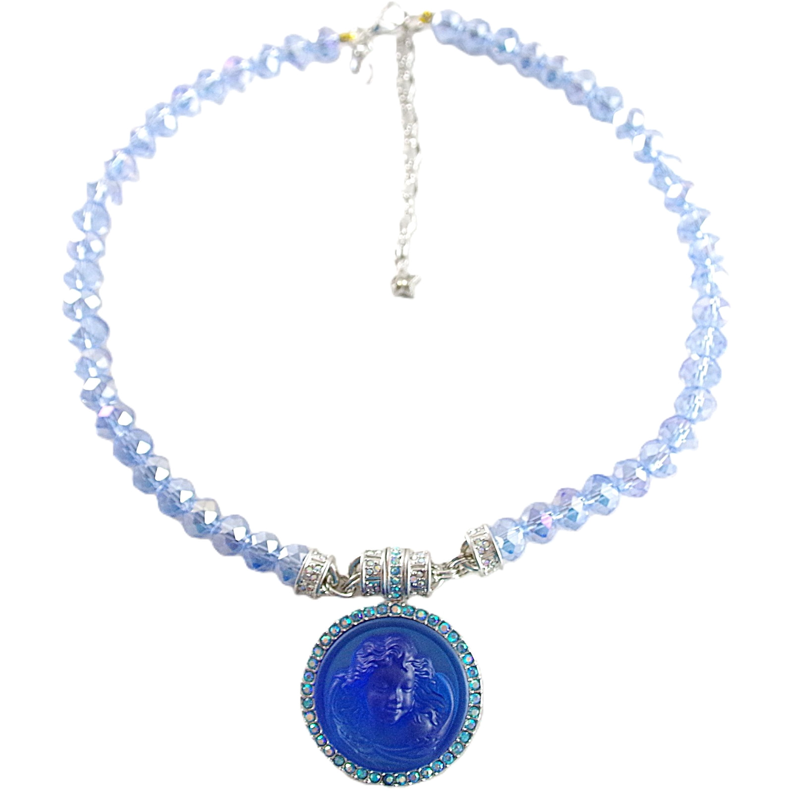 KIRKS FOLLY MAGNETIC CRYSTAL RHINESTONE BLUE ANGEL GODDESS SILVER TONE NECKLACE