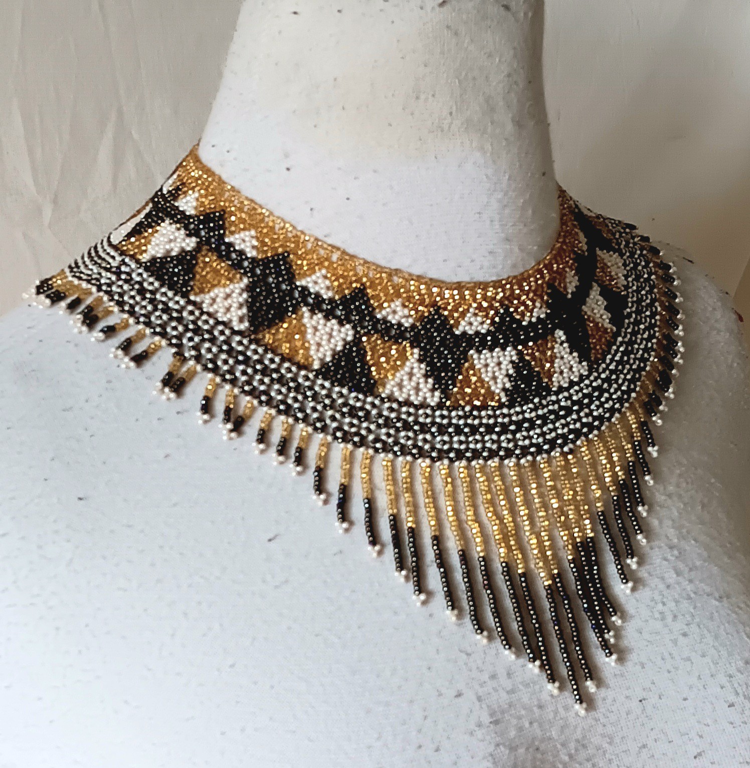 Black and Gold Beaded Fringe Necklace Statement Collar Bib Jewelry Artisan Made