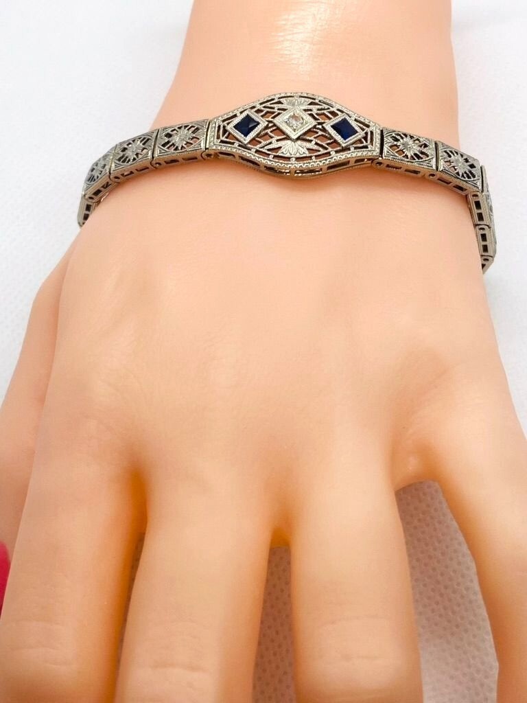 14K White Gold Die Struck Art Deco Diamond and Lab Created Sapphire Bracelet 6.5