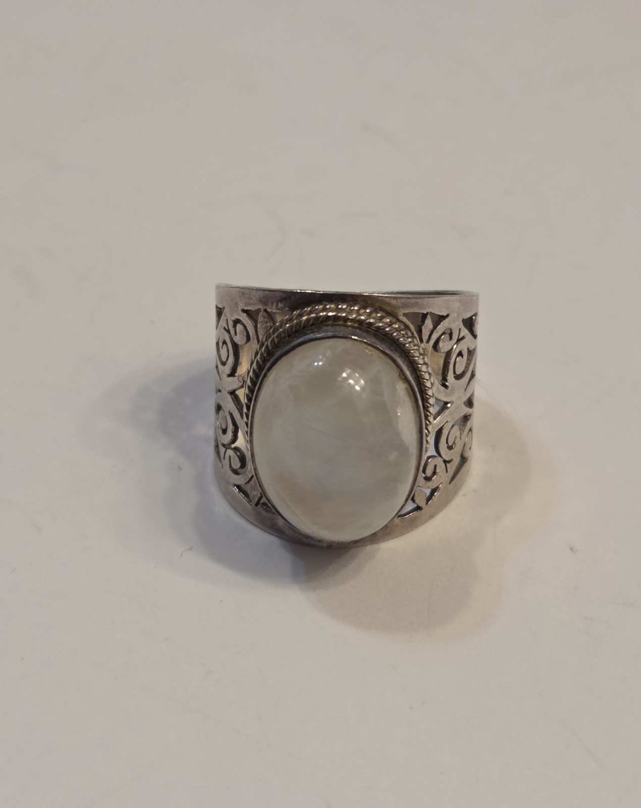 Large Domed Moonstone Sterling Silver Ornate Ring Size 9 B-M 925