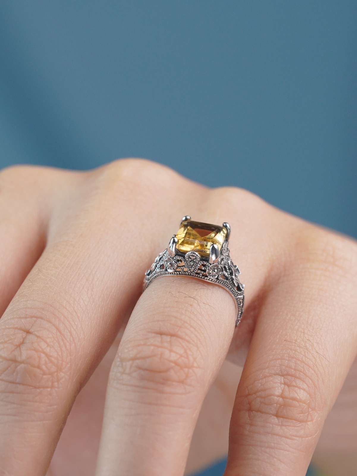 Silver925 Natural Citrine Filigree Ring