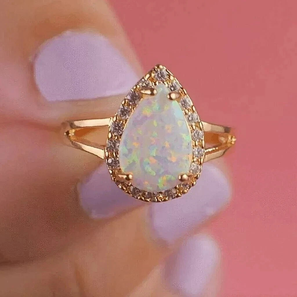 2 Ct Pear Cut Lab Created Fire Opal Gorgeous Wedding Ring 14K Yellow Gold Plated