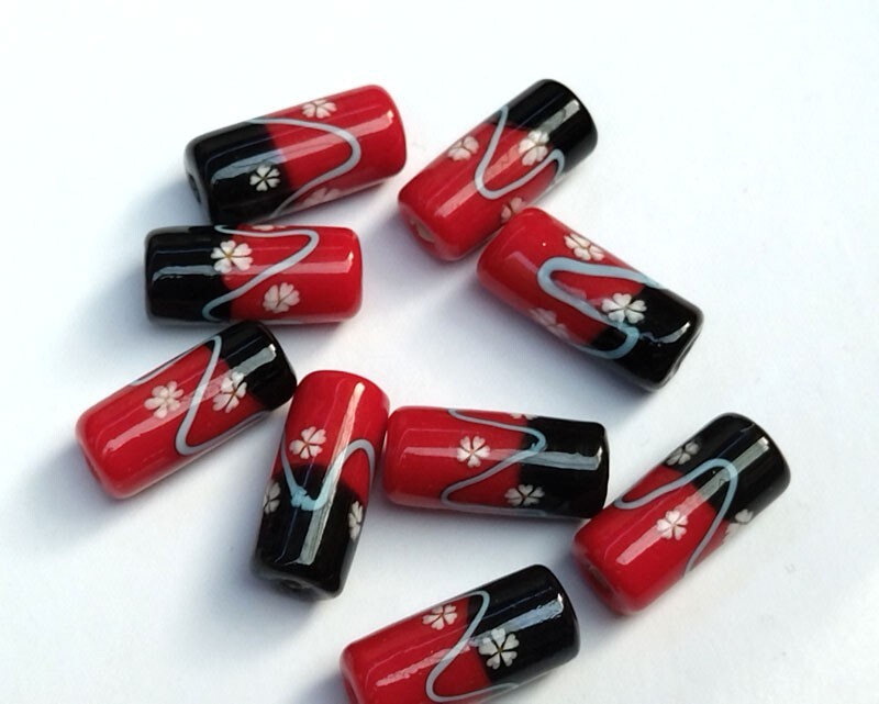10pcs handmade Lampwork glass red black flower cylinder beads 10*20mm