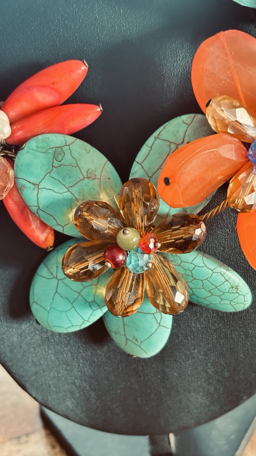 Vintage 2008 Boho Chunky MultiStrand Flower Statement Necklace Turquoise & Coral