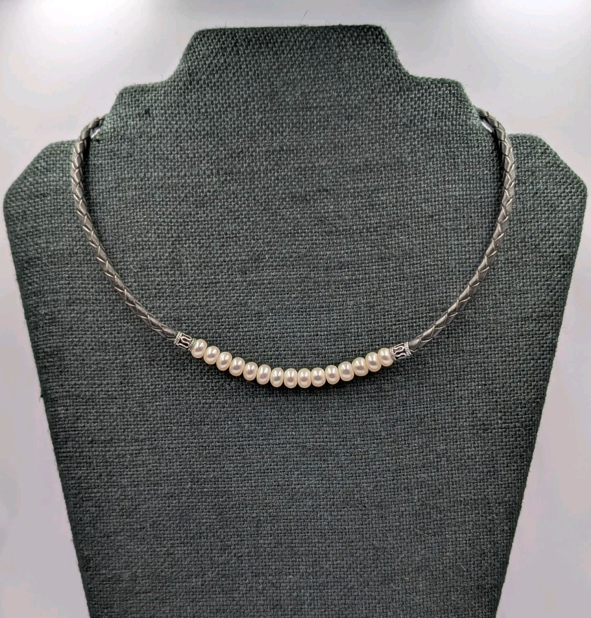 Imperial World Inc. Vtg Sterling Silver Freshwater Pearls Black Leather Necklace