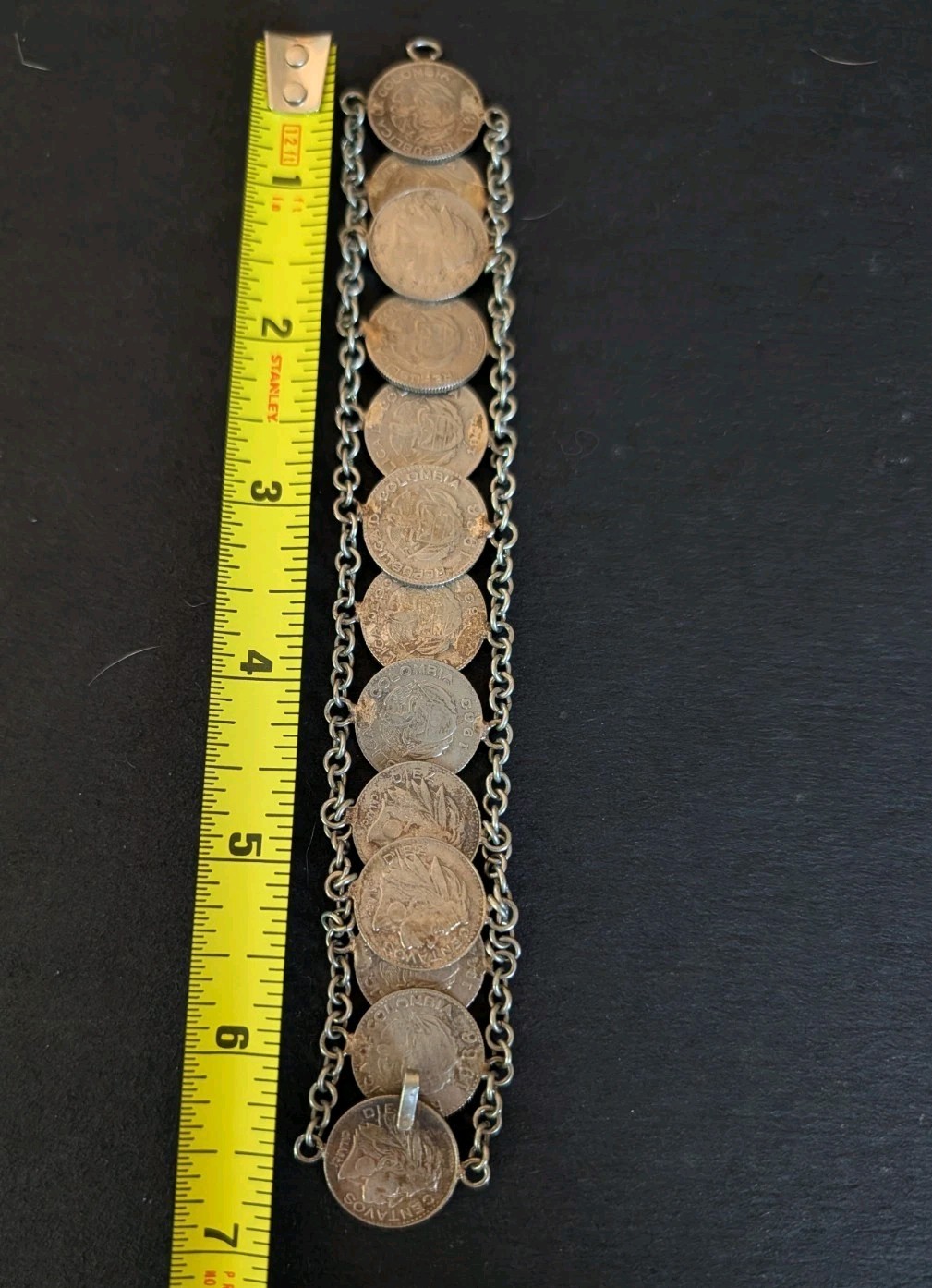 Coin Bracelet colombia centavos Diez Silver Color Vintage 7″ Chain 1950s Coins