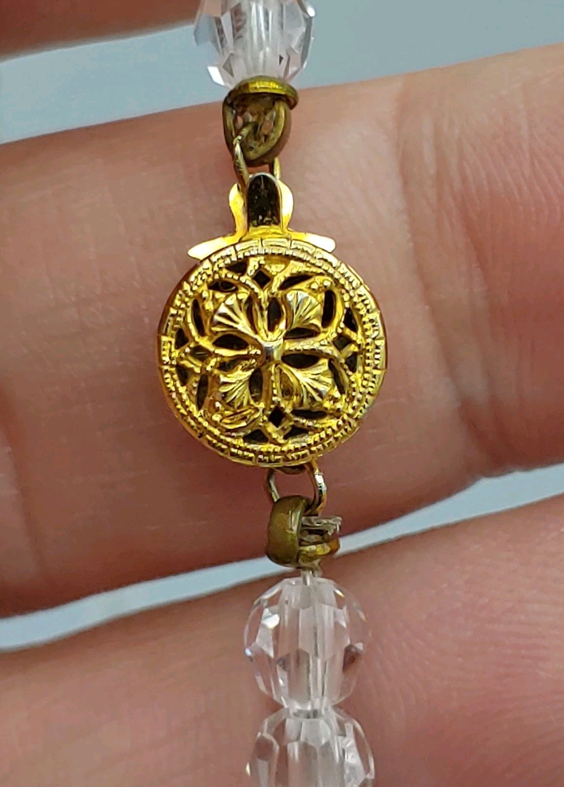 Diamond Quartz Crystal Necklace 12k GF 18″ 5mm Round Filigree Vintage