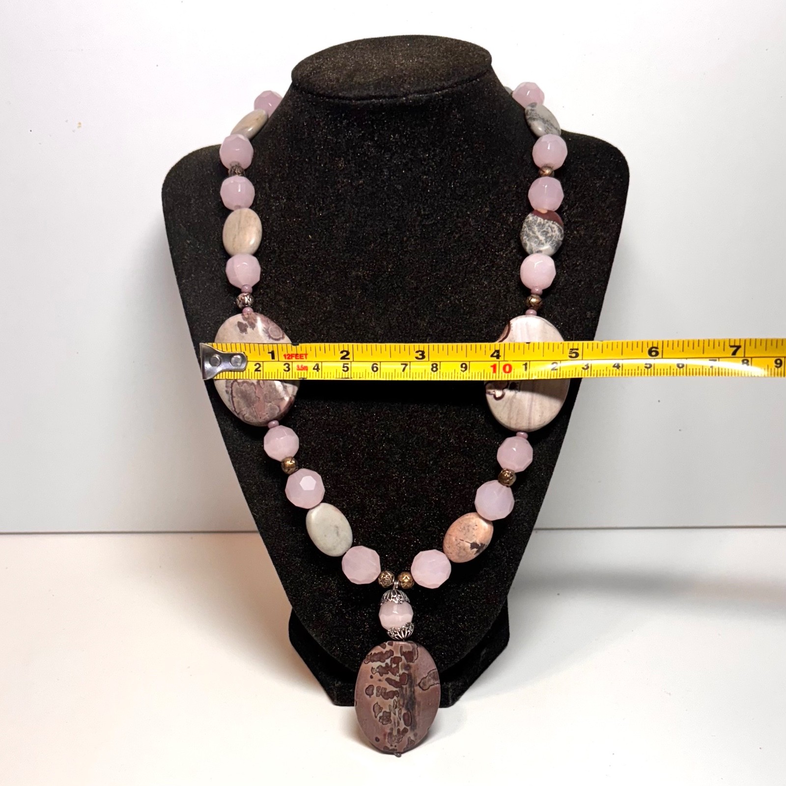 NECKLACE mauve grey stones flat ovals pink rounds brasstone metal beads toggle