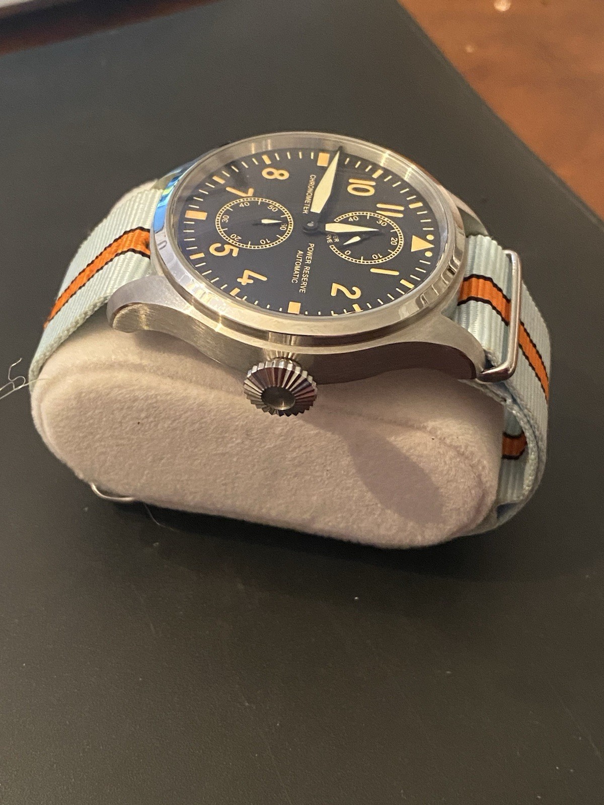 Automatic Power Reserve Pilot Watch Blue Dial Exhibition Caseback Nylon Strap