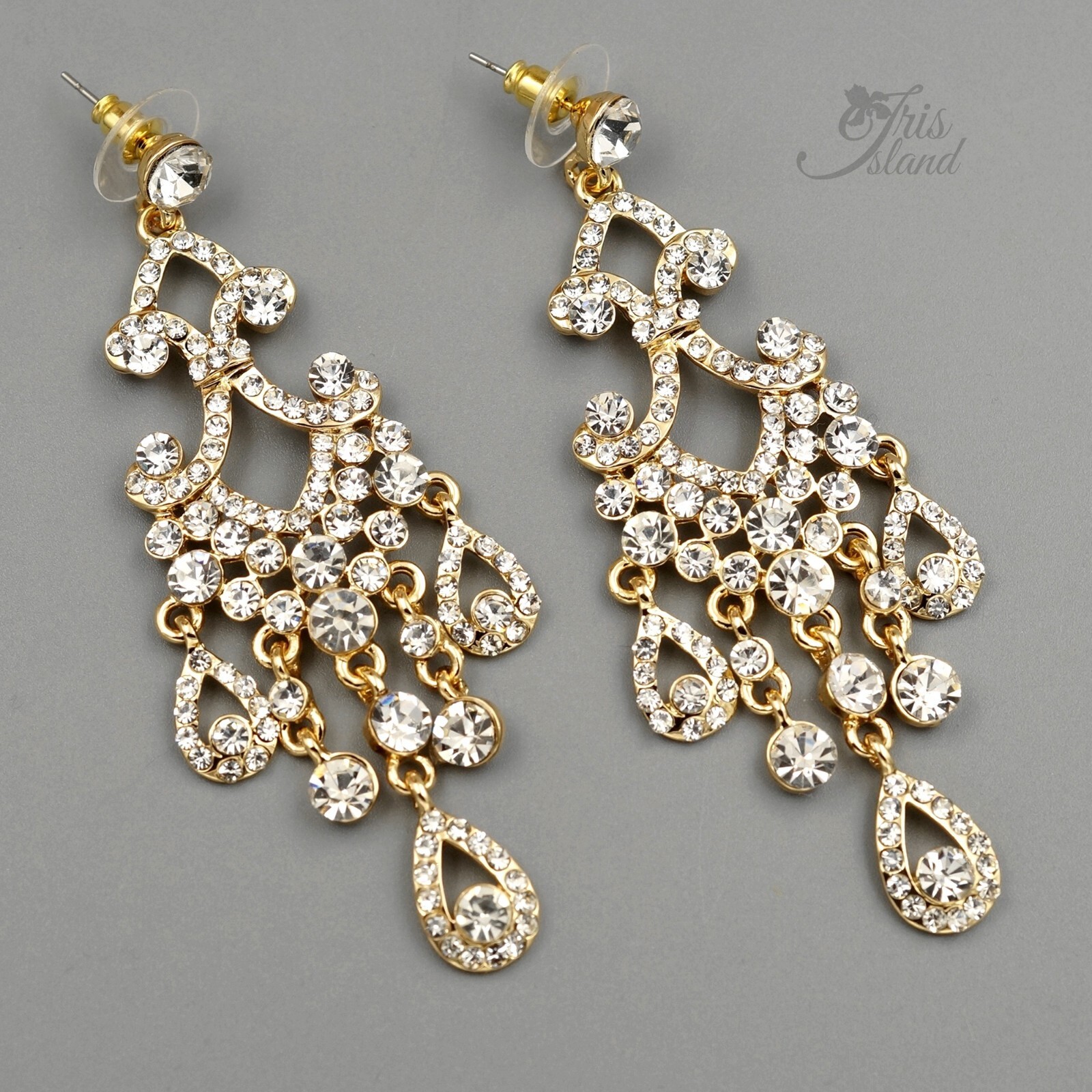 Women Chandelier Earrings Gold Plated GP Clear Crystal Wedding Drop Dangle 00165
