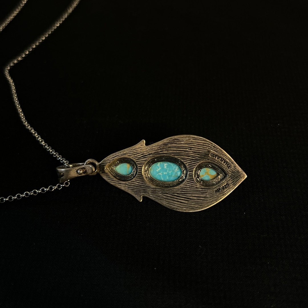 Sterling Silver Necklace with Three Oval Turquoise Colored Stones Feather Pendan