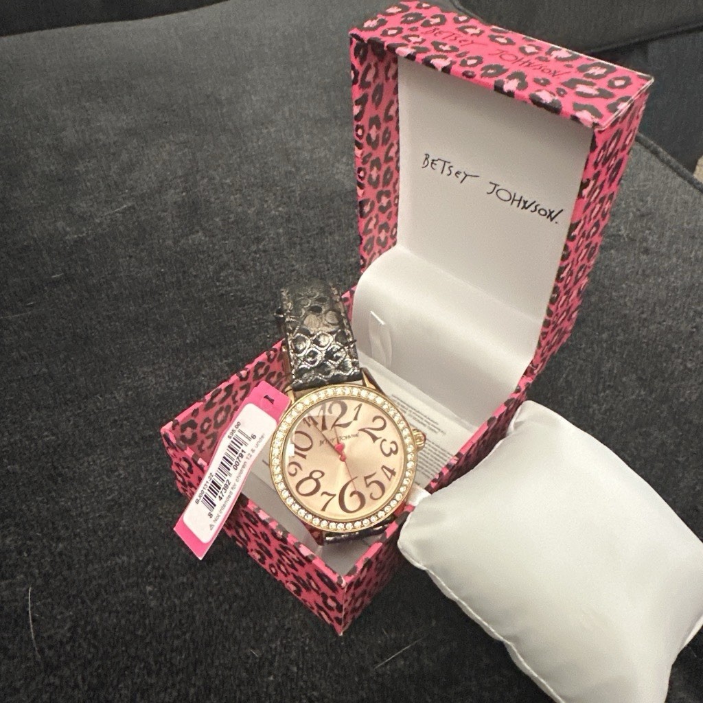 Betsey Johnson Womens Gold Tone Gem-Set Bezel Black Leather Strap Watch Box