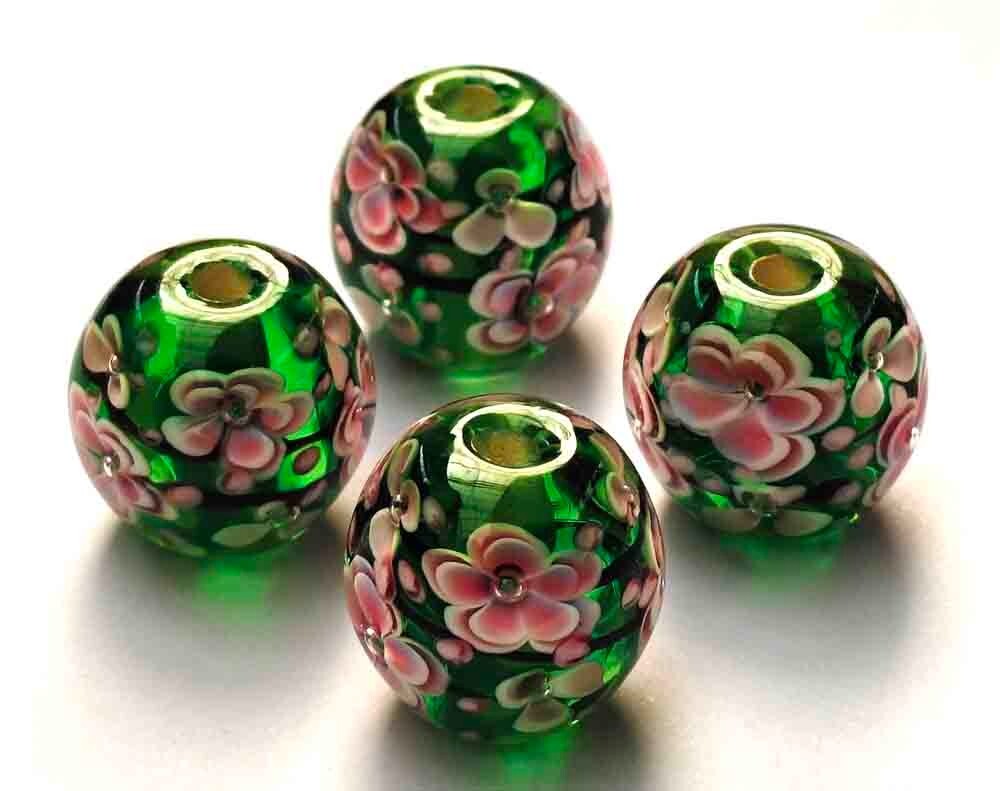 10pcs handmade Lampwork glass beads glass Pink plum flower round on Green 14mm
