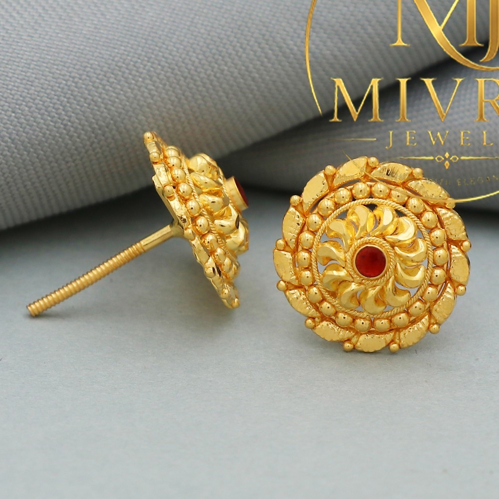 22K Dazzling Printed Gold Stud Earrings 1.4cm Luxury Fine Jewelry Gift 2.84g