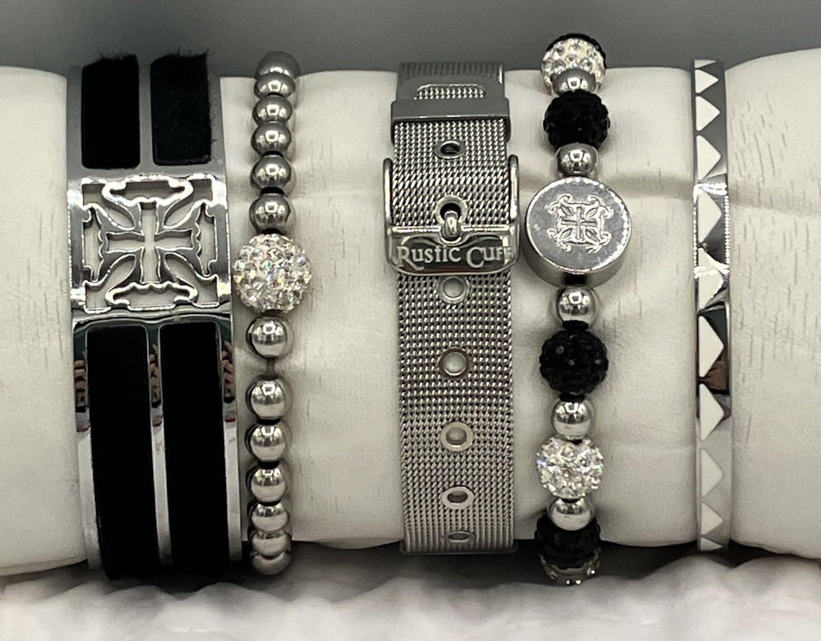 Rustic Cuff 5 Pc Bracelet Stack Black Crystal Leather Cuff Mesh Silver Tone
