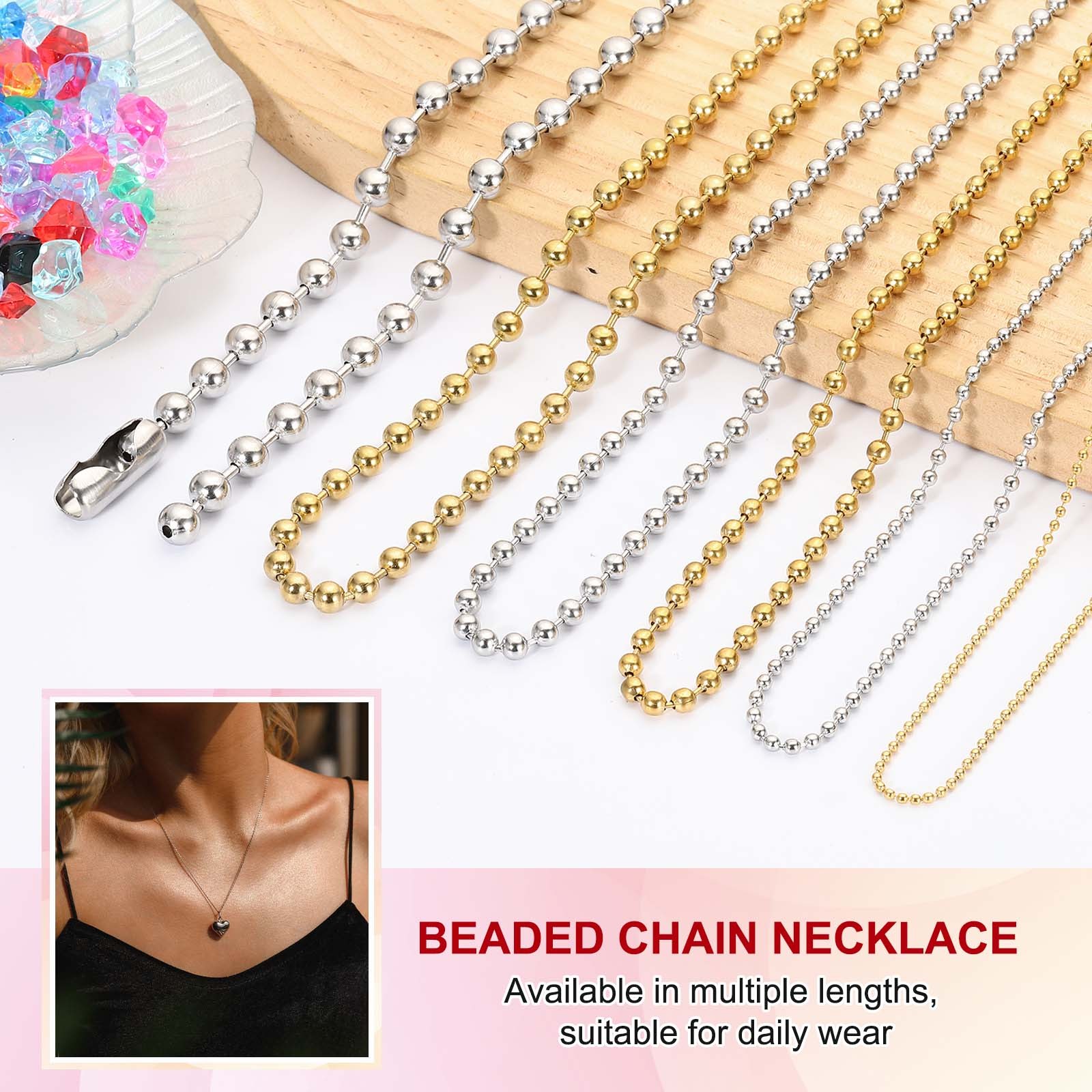 3Pack Beaded Necklace, 1.5/2.4/4.5 mm Bead Ball, 18/20/24 Inch , Steel Color