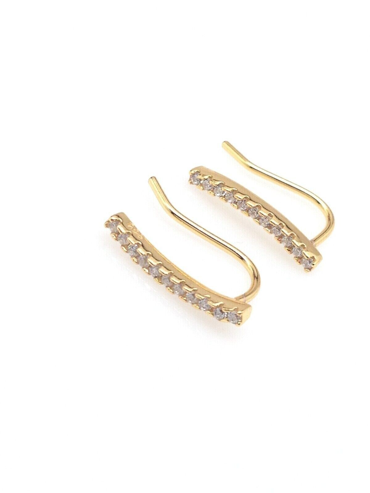 925 Sterling Silver CZ Curved Bar Climber Earrings Gold TINY 13mm x1mm Girls