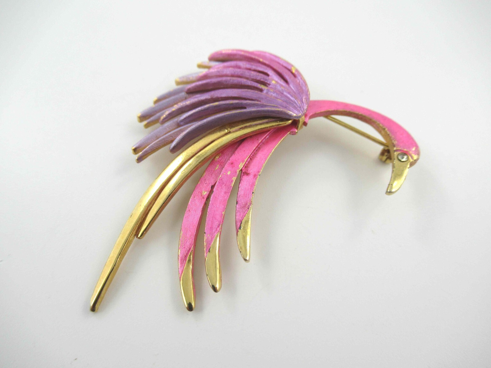 Signed Park Lane Vintage Pink Bird of Paradise Enamel on Gold Tone Brooch Pin