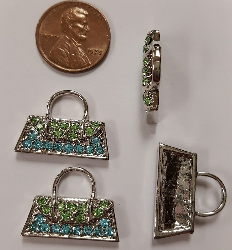 1 GREEN BLUE RHINESTONE SILVER HANDBAG 23mm. FLOATING CHARM FINDING R813