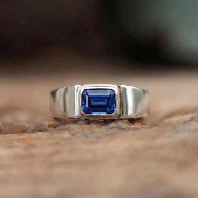 6 Ct Stone Natural Certified Blue Sapphire Ring 925 Sterling Silver Emerald Cut
