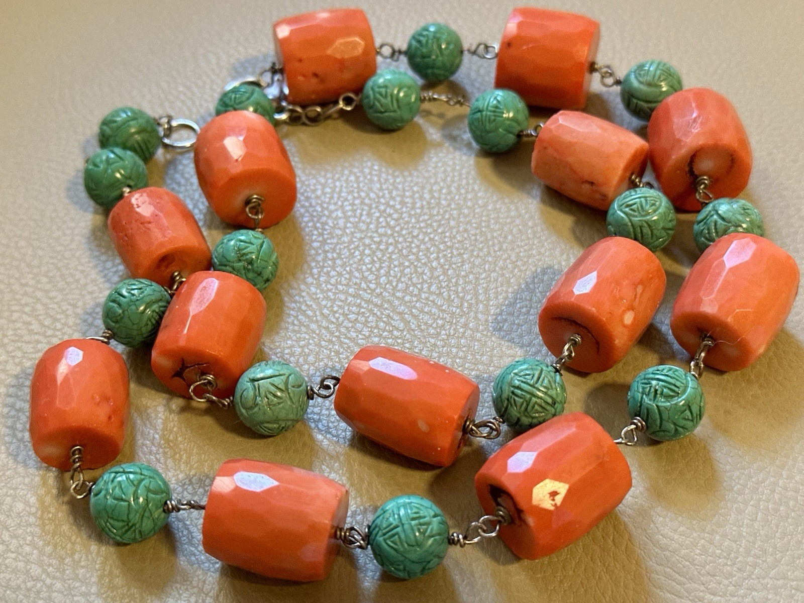 PINK CORAL NECKLACE MATCHING FACETED BEADS-TURQUOISE-SILVER 925-80 CM