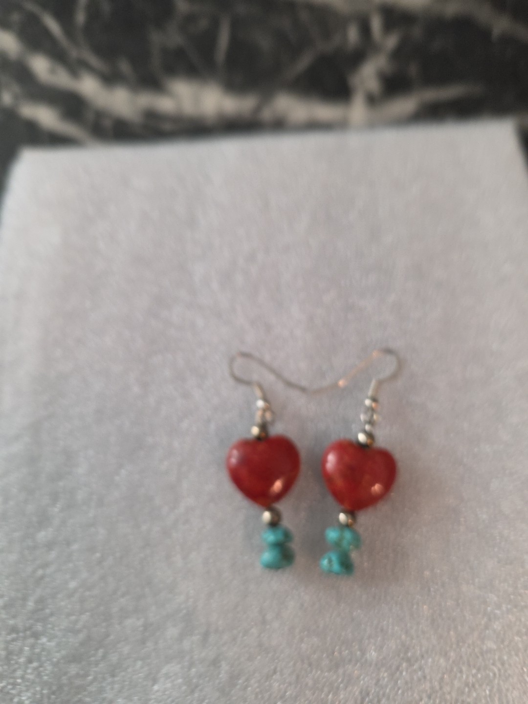 Red Heart Coral & Turquoise Bead Dangle Earrings N.A. Southwestern Handmade