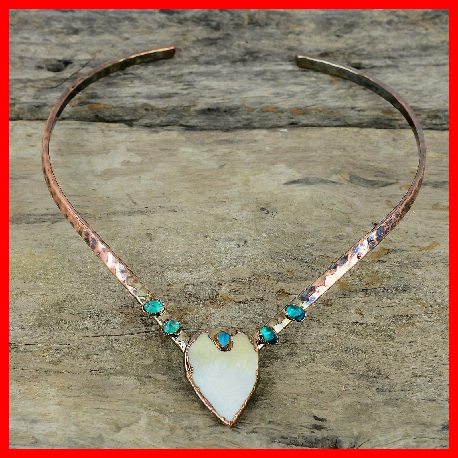 Mother Of Pearl Stone Indicolite Electroformed Choker Necklace Jewelry Copper