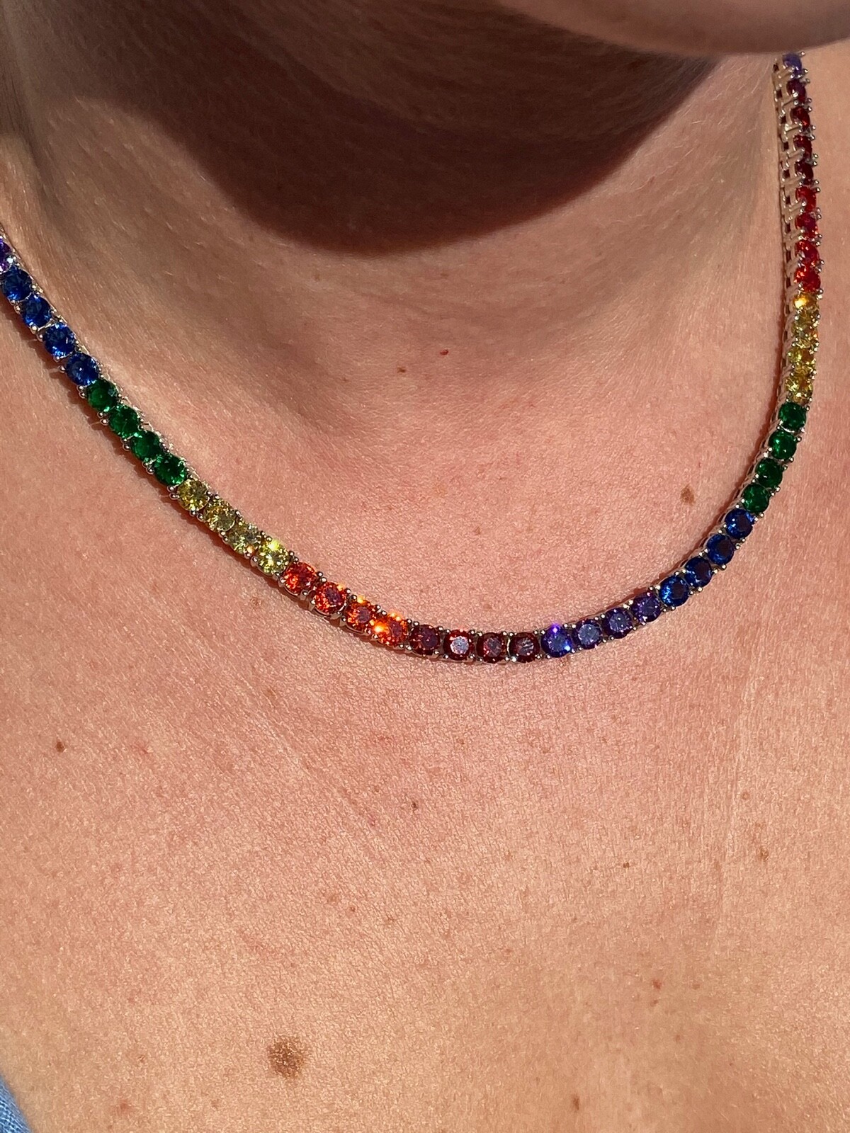 Tennis Chain SOLID 925 Sterling Silver Single Row Rainbow CZ Necklace ITALY