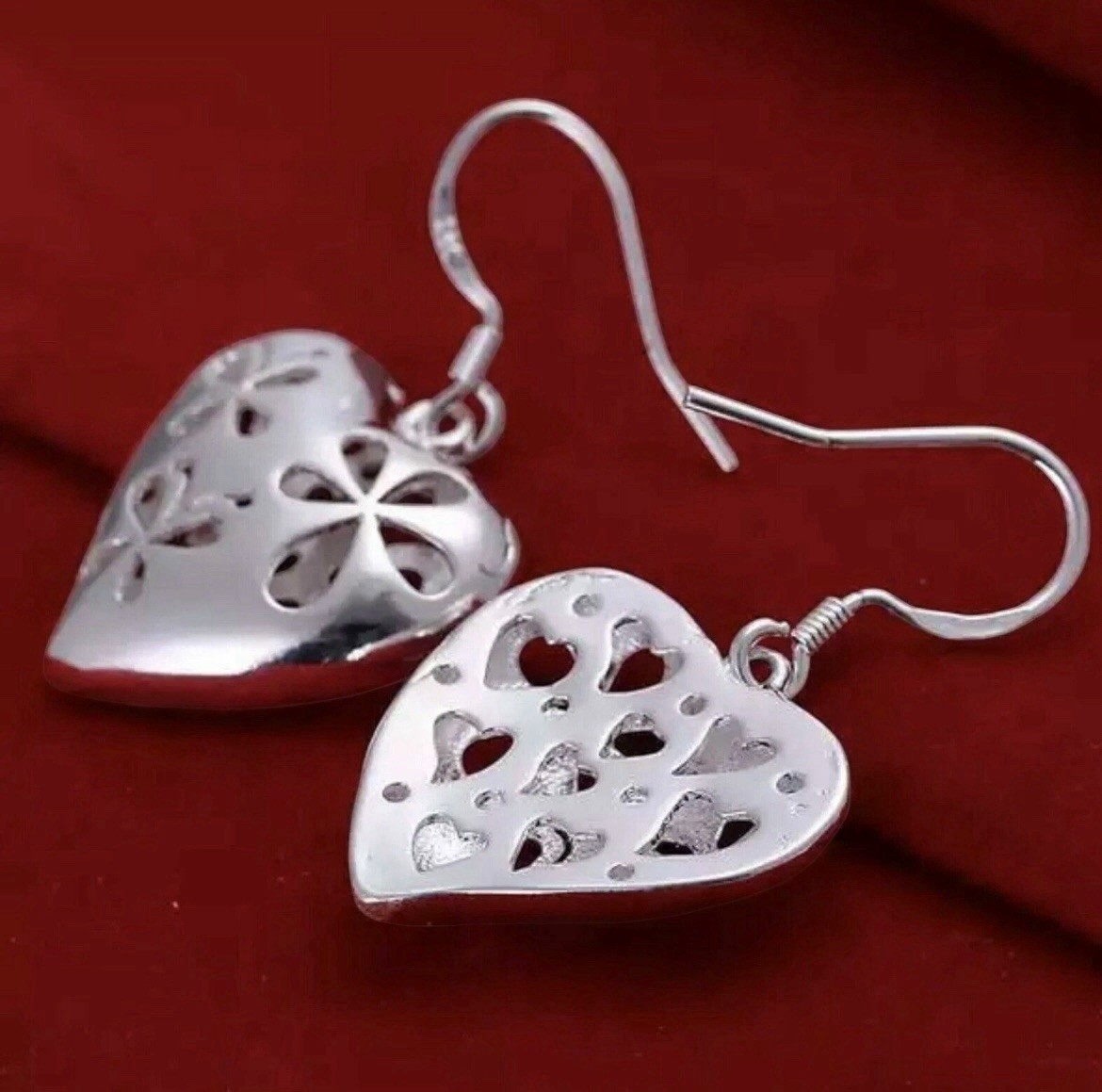 Women’s Silver Plated Heart Filigree Hook Earrings Gift US Seller A13