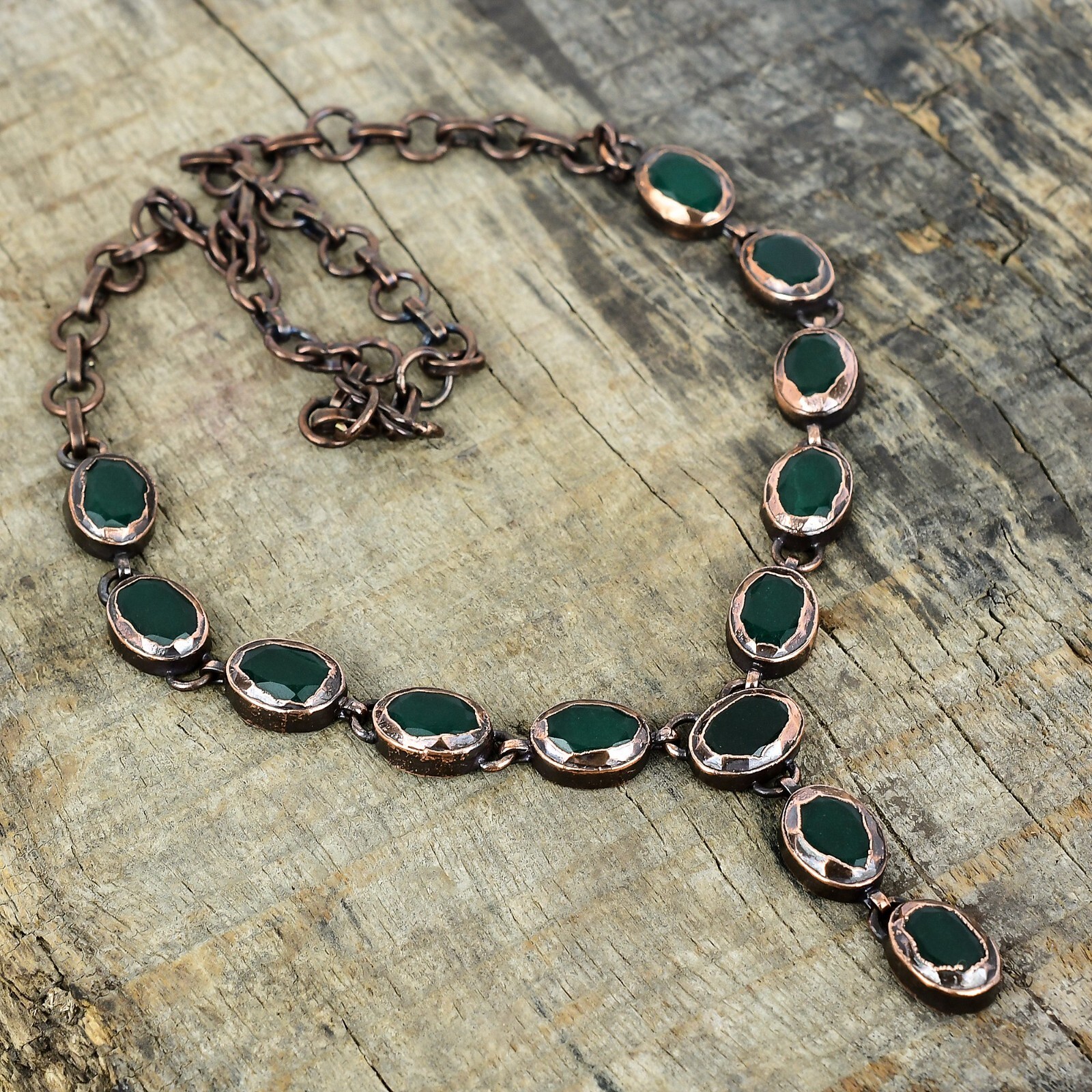 Valentines Deal Natural Zambian Emrald Bezel Electroformed Chain Necklace Copper