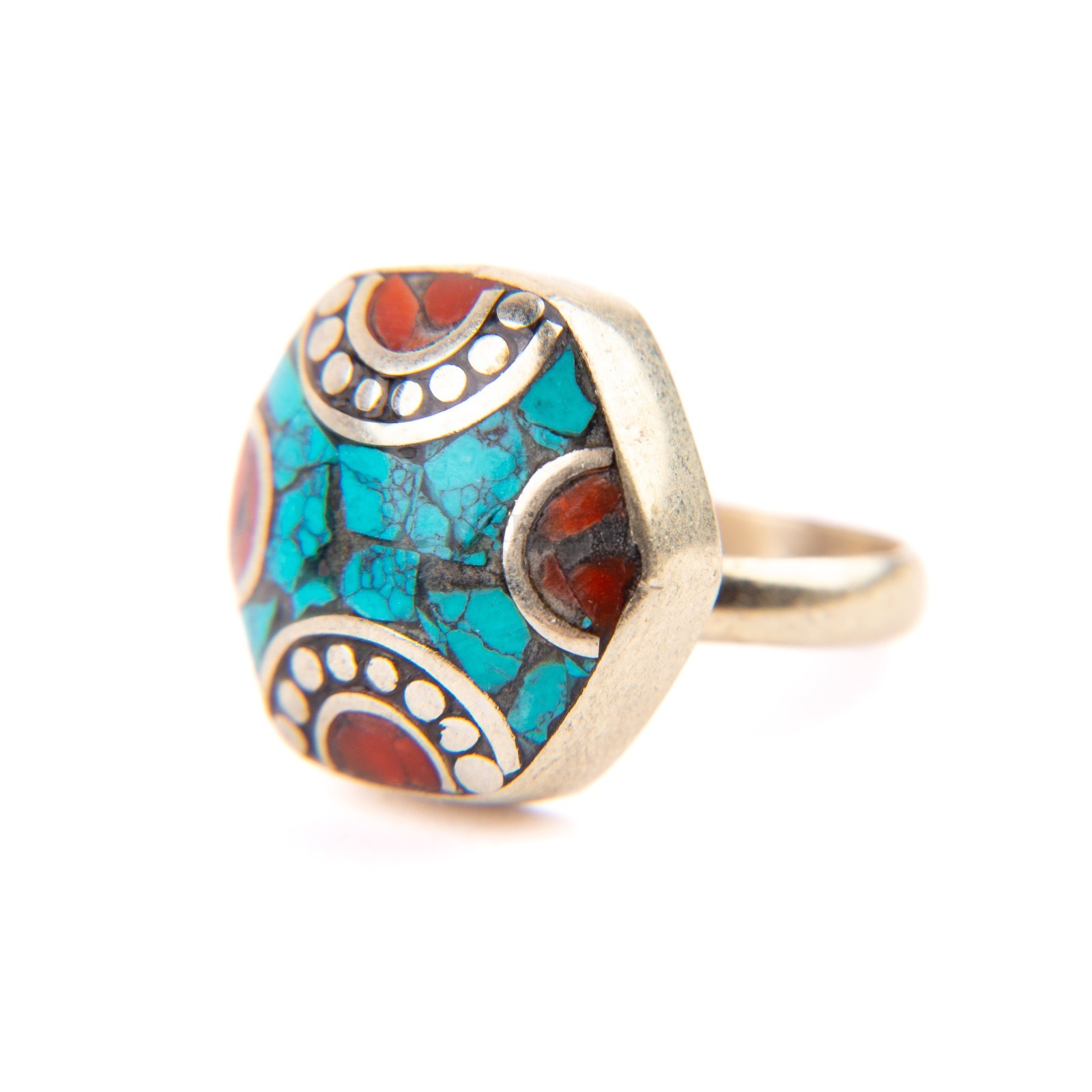 Tibetan Ring, Turquoise Red Coral, Hexagon Tibetan Ring, Handmade Nepali Jewelry