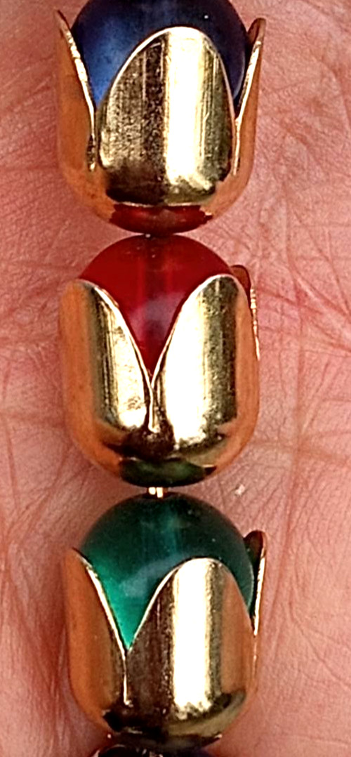 Vintage Gold Tone Red Blue Green Glass Bead Necklace 19″ Modernist Statement