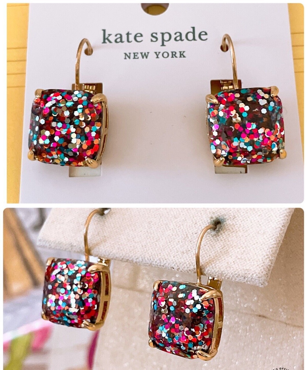 Kate Spade Square Drop Leverback Earrings, Choose : Clear, Glitter-multi, Black