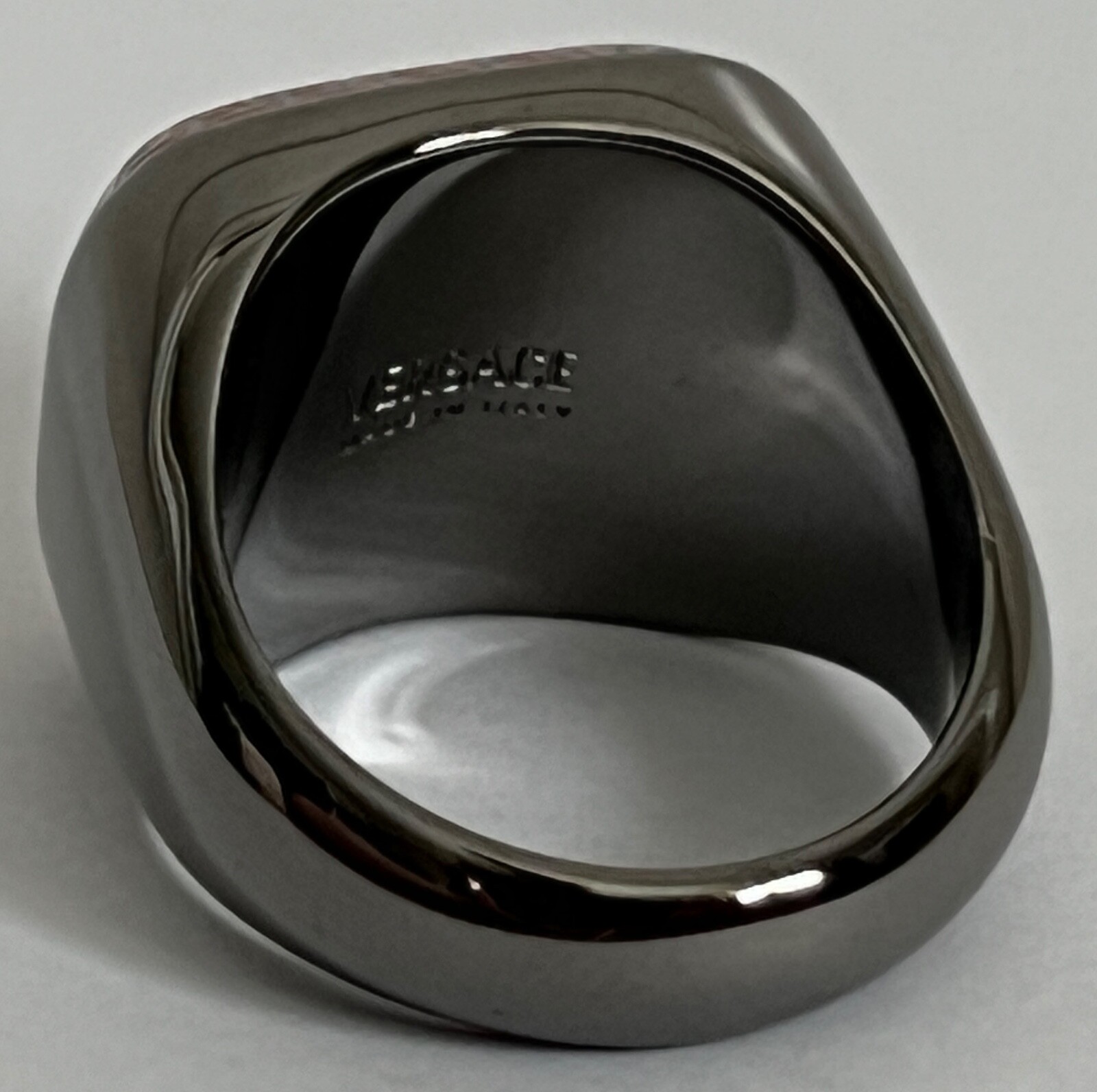 NIB Versace Varsity Red V Greek Key Logo Ruthenium Signet Ring Sz 17 US 8 $495