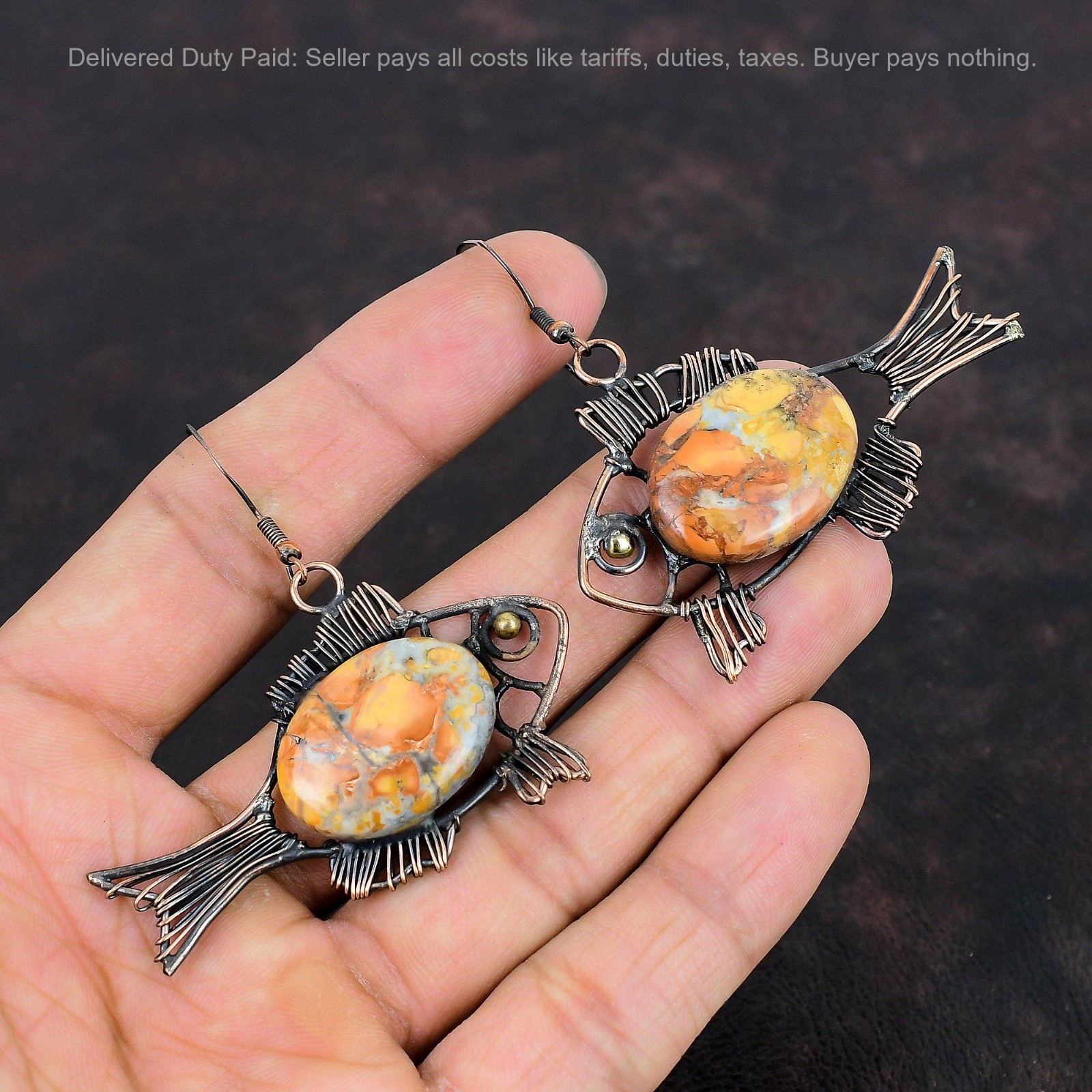 Copper Maligano Jasper Gemstone Ethnic Hook Boho Wire Wrapped Fish Drop Earrings