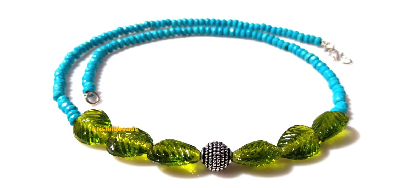 Turquoise with Peridot Hydro Pear Leaf Carved 11X14mm 18″ Inch Necklace
