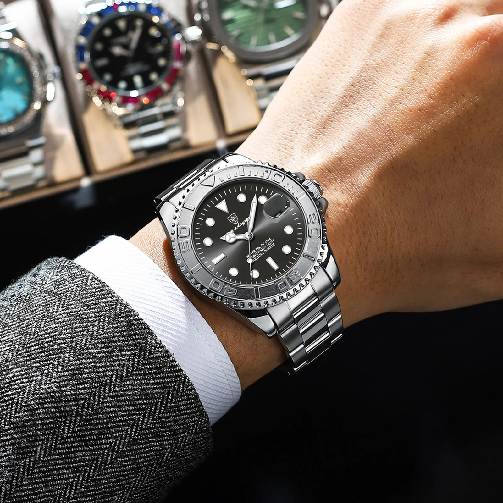 POEDAGAR Men Business Watch Waterproof Stainless Steel Date Luminous Waterproof