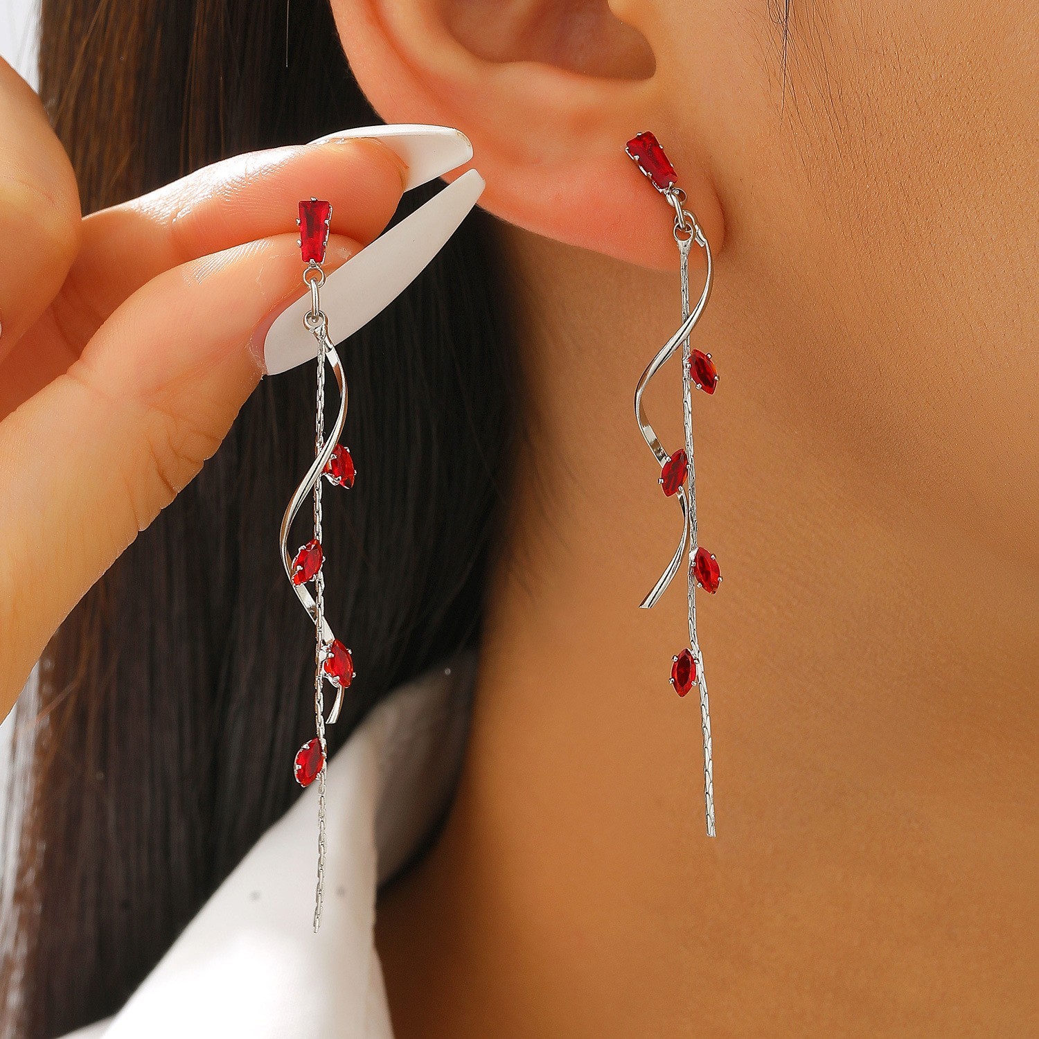 Women 925 Silver Post Tassel Chain Leaf CZ Dangling Drop Stud Earrings Party S13