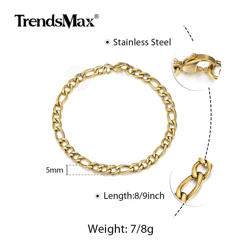 3/5/7/9mm Gold Plated Stainless Steel Figaro Link Chain Bracelet Men Women Jewel