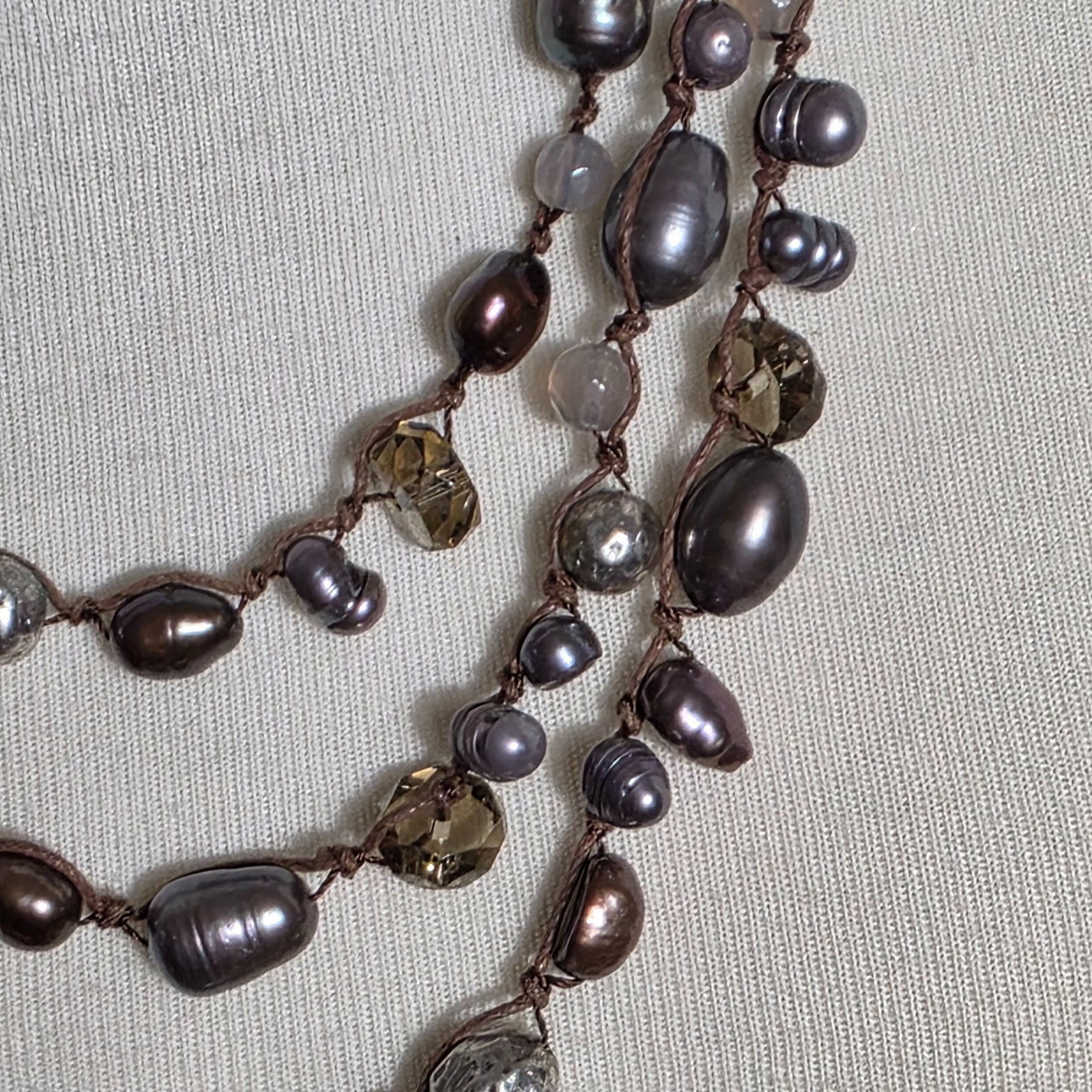 J. Jill Triple Strand Necklace Gray & Bronze Colored Beads on Brown Cord