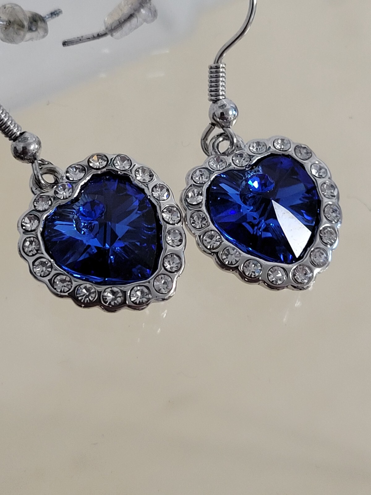 Qianse Blue rhinestone crystal Earrings Heart Blue Clear Silver-tone +box Unused
