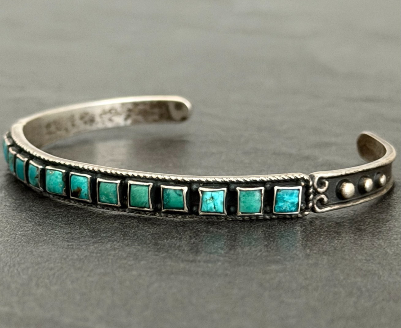 Vintage FRED HARVEY Era ZUNI Square Green Turquoise Silver bracelet 7in